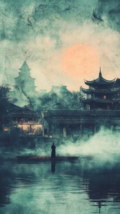 水墨古风湖畔孤舟独影