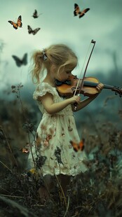 小女孩林间拉琴引蝶飞舞