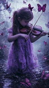 梦幻紫衣女孩雨中拉小提琴