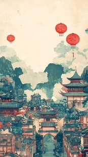 古风城镇飘红灯笼之景