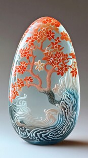 玉雕蛋形摆件 花树海浪图