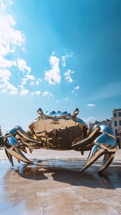 阳光下的巨型金属螃蟹雕塑