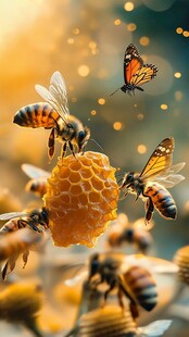 蜜蜂蝴蝶围绕蜂巢的场景