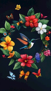 花鸟环绕的绚丽自然图景