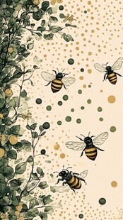 蜜蜂在花丛间飞舞插画
