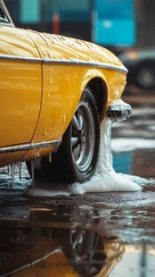 黄色汽车在积水路面的瞬间