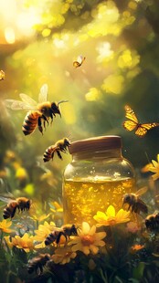 阳光下蜂蝶与蜂蜜的美景