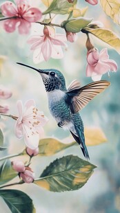 蜂鸟花间飞舞图