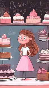 女孩陶醉于缤纷蛋糕世界