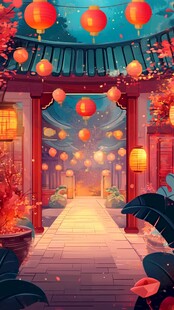 中式庭院红灯笼夜景图