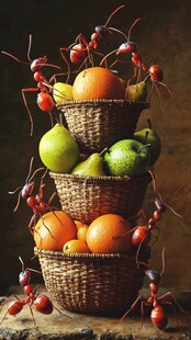 蚂蚁环绕的多层水果篮