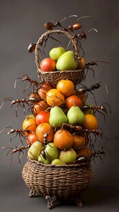 蚂蚁环绕的水果篮奇观