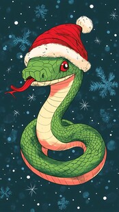 圣诞绿蛇戴帽欢乐形象