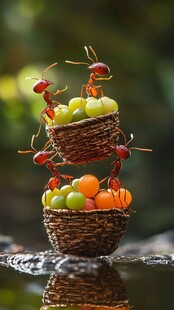 蚂蚁协作搬运多彩水果