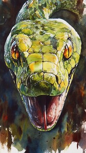 水彩绘巨蟒头部特写