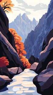 秋日峡谷溪流山水美景