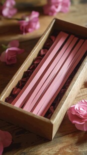 粉色纸条与玫瑰装饰盒