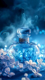 梦幻蓝调香水瓶与花瓣