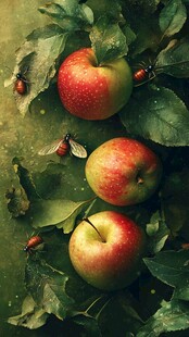 红苹果与绿叶上的昆虫