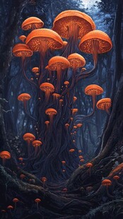 奇幻森林中的巨型橙色蘑菇