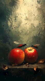 红苹果上的双蜂静物图