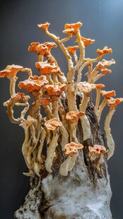 橙色菌类簇生于树桩之上