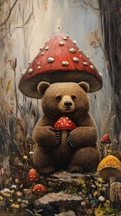 蘑菇下的可爱棕熊奇幻场景