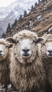 高山下的三只毛茸茸绵羊