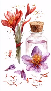 藏红花插画 花朵与精油瓶