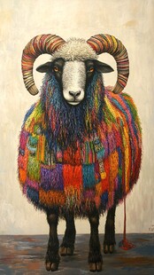 彩色毛卷大角羊艺术画作