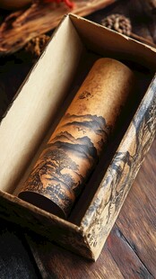 古风山水卷轴置于盒中