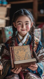 藏族少女捧古籍展纯真笑