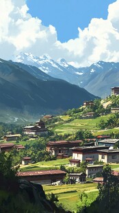 山间村落伴巍峨雪山美景