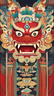 中式传统瑞兽面具插画