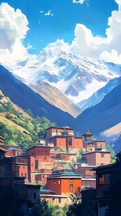 雪山下的多彩村落美景