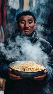 男子捧热气腾腾大碗食物