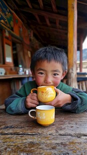 藏族小男孩开心捧杯喝茶