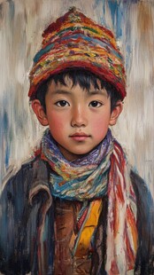 戴多彩帽的少数民族孩童