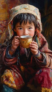 藏族孩童专注捧杯喝饮品