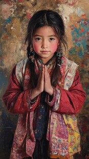 藏族小女孩虔诚祈祷瞬间