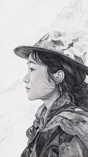 戴花帽的少女侧影素描