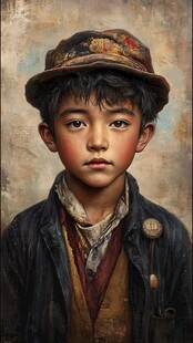 戴帽少年的复古风肖像画