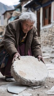藏族老人专注搬石块