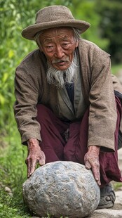 老人专注搬石场景