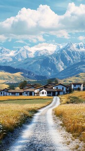 乡村小路旁的山居美景