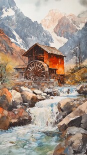山间溪边的古朴水车小屋