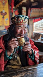 藏族老者持杯端坐传统屋中