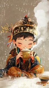 雪地中孩童惬意品茗