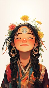 头戴繁花的少数民族女子