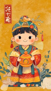 可爱古风孩童捧罐贺岁